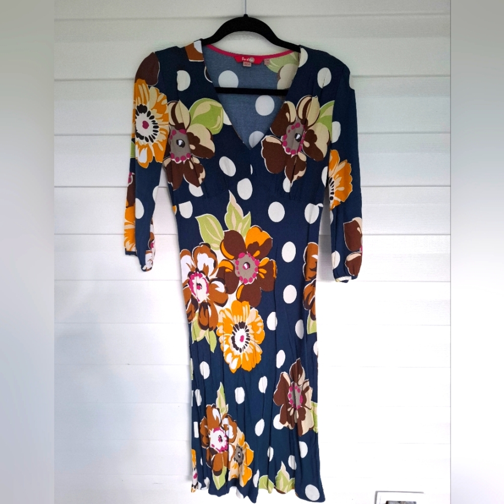Boden Blue Floral And Polka Dot V-Neck Fit and Flare Dress Size 10L